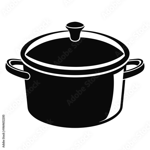Black silhouette reveals a shiny lidded cooking pot, complete with rounded handles on either side