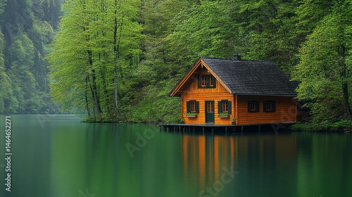 Fototapeta Naklejka Na Ścianę i Meble -  Tranquil cabin on a serene lake in a lush forest
