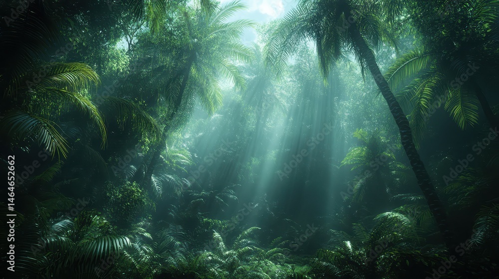 Sunbeams pierce dense jungle canopy, lush foliage, tropical rainforest background, nature scene Sunbeams pierce dense jungle canopy, lush foliage, tropical rainforest background, nature scene