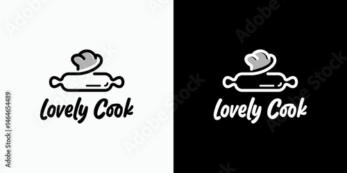 Vector logo design combination of rolling pin and chef hat shape with modern, simple, clean and abstract style. Icon for business, food and drink, cooking and personal branding.