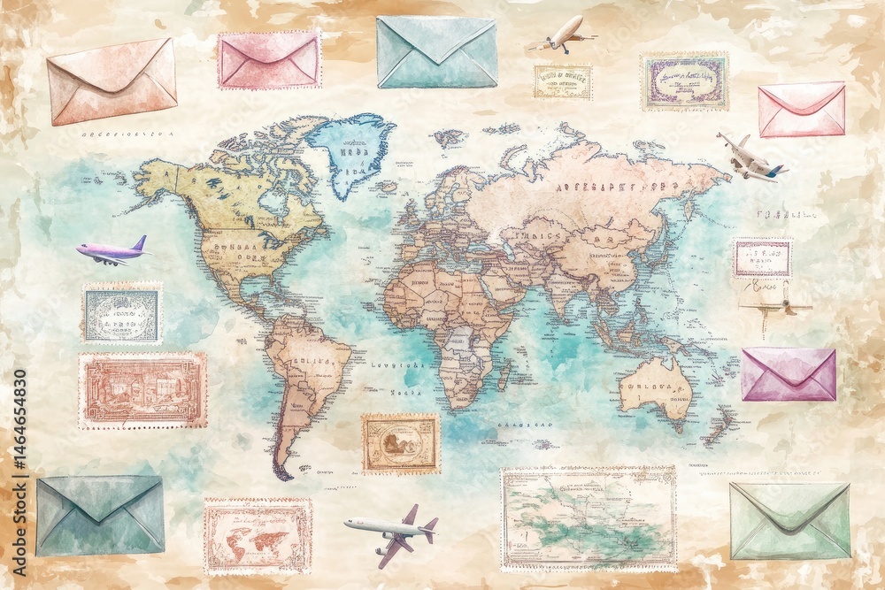 Fototapeta premium Vintage world map with envelopes and stamps