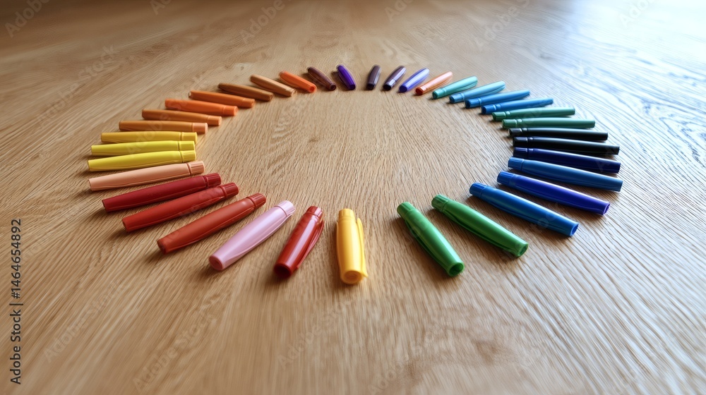 Obraz premium Vibrant Circle of Colorful Markers Arranged Neatly on a Wooden Floor