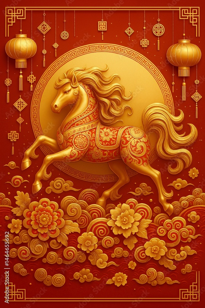 Fototapeta premium A Vibrant Golden Horse Galloping Against a Red Background: Celebrating Tradition and Prosperity in Chinese Culture