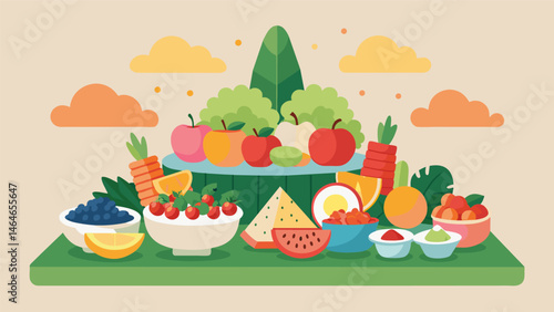 A healthconscious grazing table featuring seasonal fruits vegetables and homemade dips at a wellnessfocused wedding.. Vector illustration