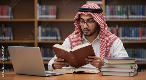 Arab Student Studying in Library, Books and Laptop