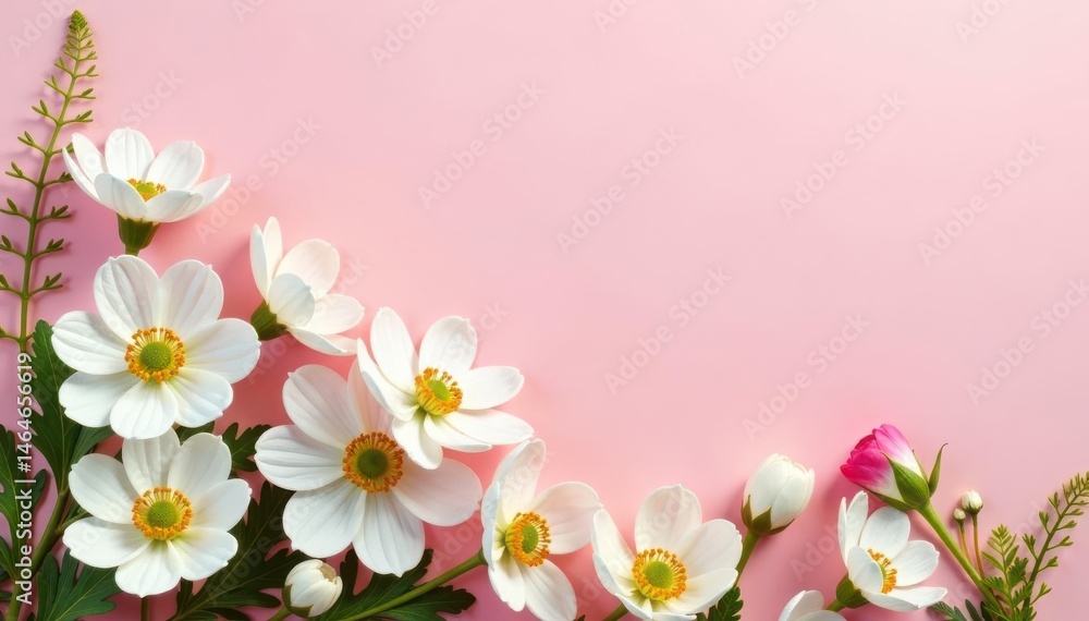 Naklejka premium Sparse arrangement of white anemones and ferns against a pale pink background , white, pastel pink, ferns