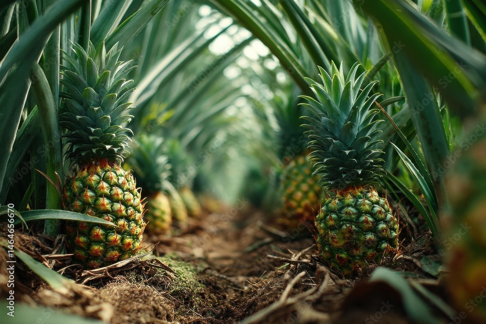Obraz premium Pineapple Row at Tropical Farm: Pineapple Plantation Showing Ripe Fruit Growing in Green Environment.
