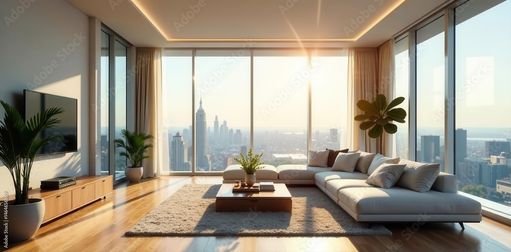 Fototapeta premium Sunlit penthouse living room, panoramic window, minimalist decor , luxury, zoom background, decor