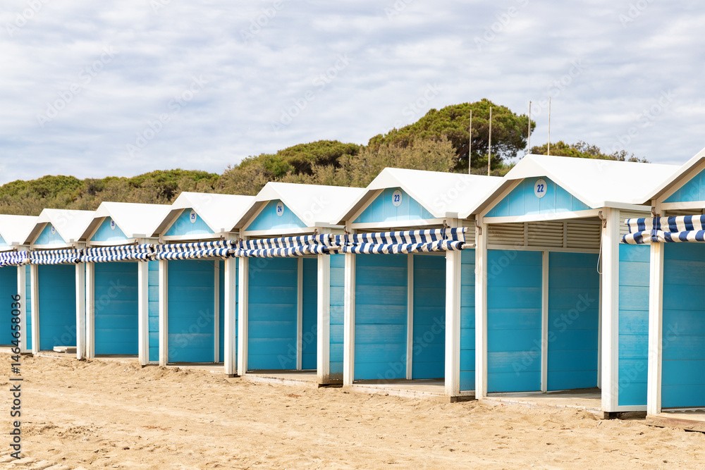 Fototapeta premium Beach cabins on the Lido Island in Venice, Italy