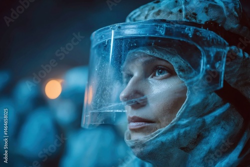 Wallpaper Mural Person in Protective Hood and Visor Goggles Looks to the Side with Blue Tone, Creating Sense of Preparedness and Concern Torontodigital.ca
