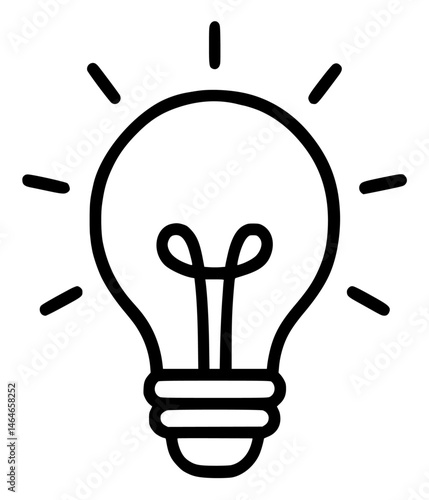 Black and white vector of light bulb icon with rays, simple linear style, energy idea concept, minimalistic outline, clean isolated graphic, innovation symbol, template for design use
