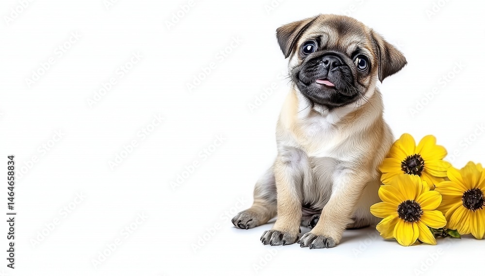 Obraz premium Adorable Pug Puppy with Yellow Sunflowers on White Background