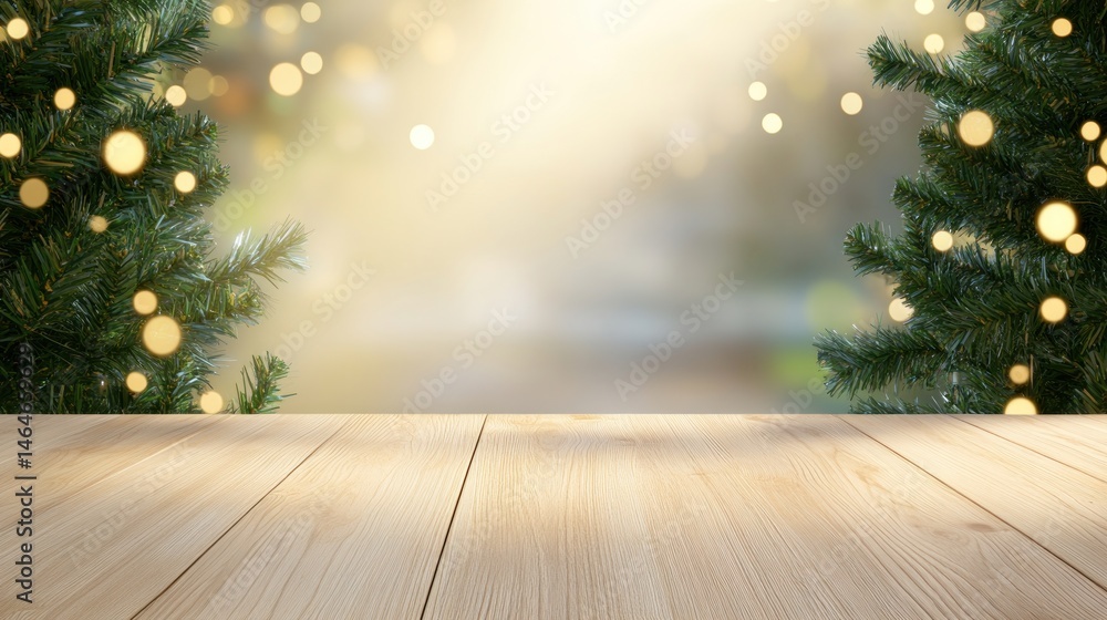 Wooden table with christmas tree branches and bokeh lights background Wooden table with christmas tree branches and bokeh lights background