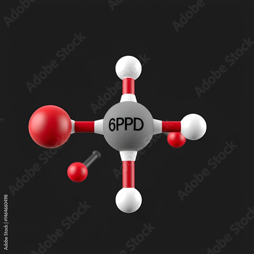 6PPD rubber additive molecule. Toxic to salmon. 3D rendering. Atoms are represented as spheres with conventional color coding: hydrogen (white), carbon (grey), oxygen (red), nitrogen (blue).
