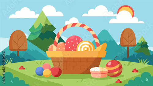 A picturesque picnic scene with a wicker basket overflowing with oldfashioned candies and treats.. Vector illustration