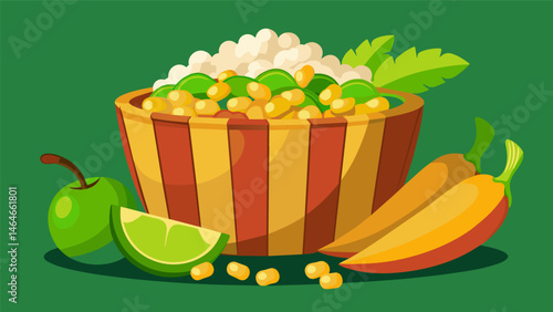 A mouthwatering combination of lime and chiliseasoned popcorn wasabicoated edamame beans and sweet mango strips served in a rustic wooden bowl.. Vector illustration