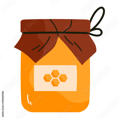 Glass jar filled with golden honey featuring a honeycomb label. Natural organic sweetener. Healthy sugar substitute. Sweet natural product. Vector illustration in cartoon style. Isolated background