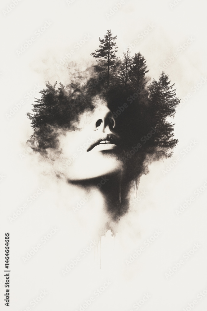 Fototapeta premium Surreal Artistic Portrait With Forest Elements Within Silhouetted Face
