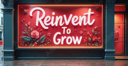 Wallpaper Mural Shopfront displays bright neon sign. Text reads Reinvent To Grow surrounded by floral decorations. Dark background emphasizes glowing message. Torontodigital.ca