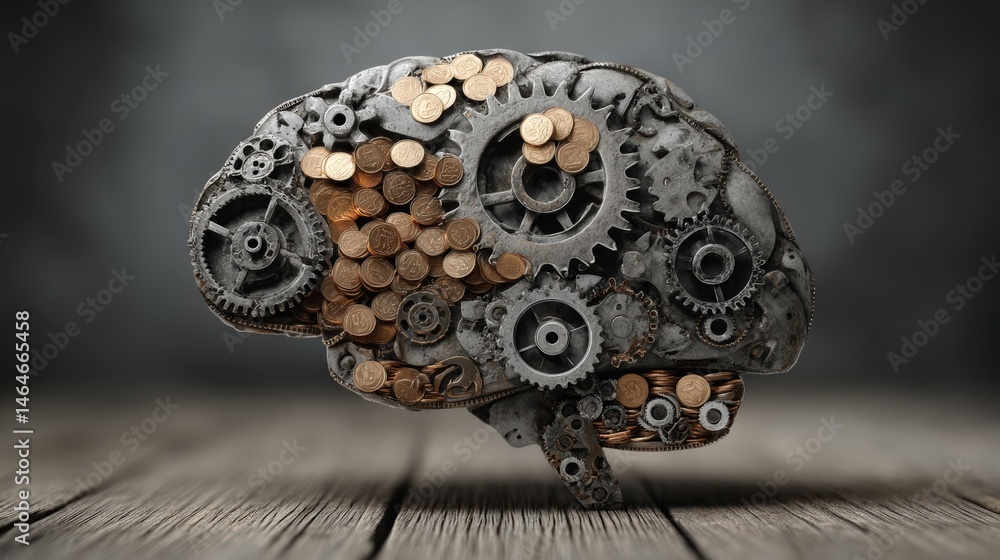 Fototapeta premium Conceptual Brain Structure Made of Gears and Coins Symbolizing Innovation, Thinking, and Resourcefulness in a Creative and Abstract Design