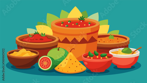 A mouthwatering spread of homemade salsas from mild and tangy to hot and y served with a basket of crispy homemade tortilla chips.. Vector illustration