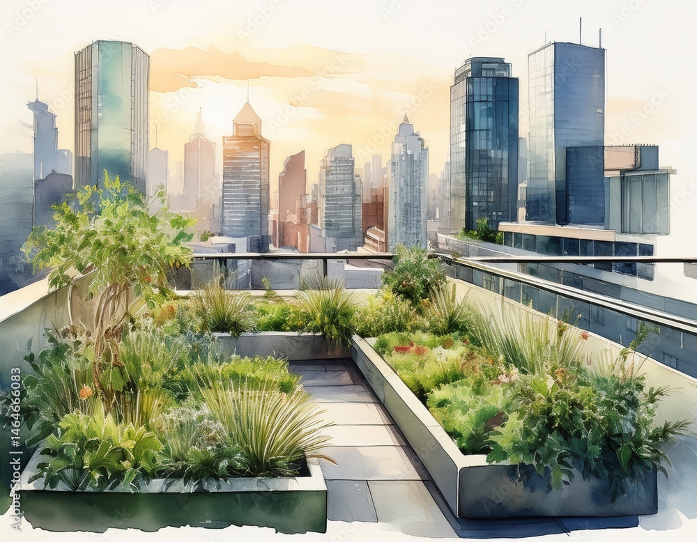 Fototapeta premium rooftop gardens with city views in watercolor style