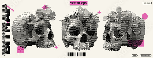 Skull adorned with a flower crown showcasing a fusion of pixel art, dadaism, and Y2K aesthetics in a vibrant graphic style