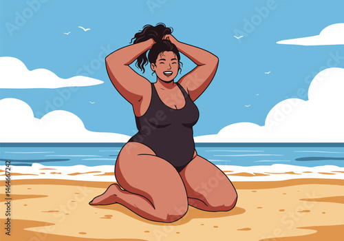 Adobe Illustrator Artwork vector flat illustration of a plus-size woman relaxing on a sunny beach during her summer vacation. Celebrates body positivity and carefree seaside bliss