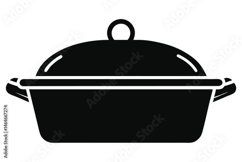Black silhouette shows casserole dish with lid on top against a white background