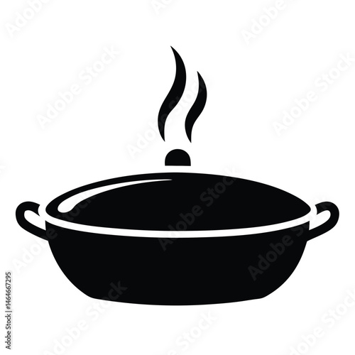 Steaming black pot showcases prepared food within, illustrating simplicity with a transparent background