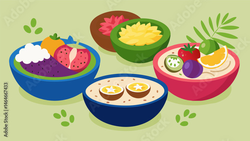 A colorful mix of smoothie bowls each adorned with a variety of toppings such as sliced fruit coconut flakes and crunchy granola s.. Vector illustration