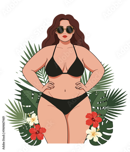 Adobe Illustrator Artwork vector flat illustration of a confident plus-size woman in a swimsuit with tropical flowers and leaves. Celebrates body positivity and summer beauty
