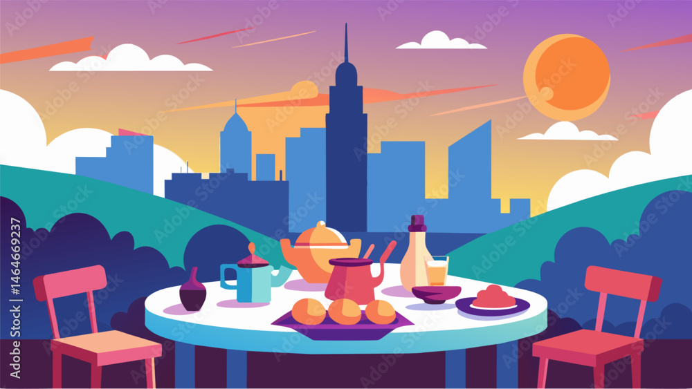 Obraz premium A mezze table set up on a colorful outdoor terrace with the sun setting behind a bustling city skyline in the background.. Vector illustration