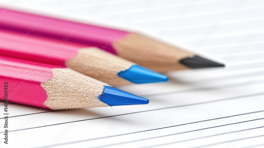 Obraz premium Close-up view of three colored pencils on lined paper.
