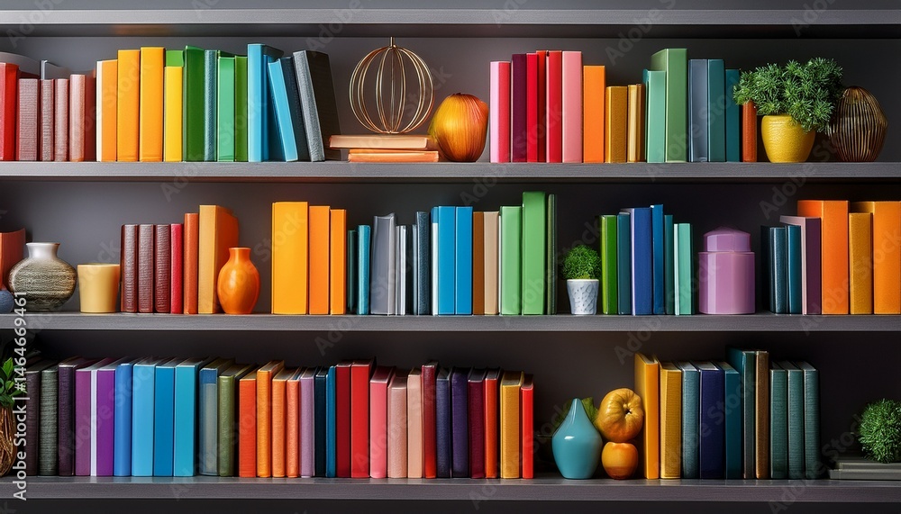 Fototapeta premium organized bookshelf with colorful books