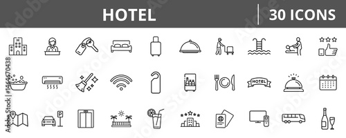 Hotel Vacation Outline Icons In Linear Style For Travel Services