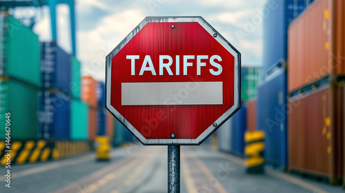 Shipping containers with tariff warning stop sign at a busy port