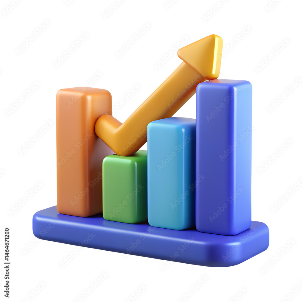 Colorful 3d bar graph icon showing upward trend for financial growth and business success with an arrow. Colorful 3d bar graph icon showing upward trend for financial growth and business success with an arrow.