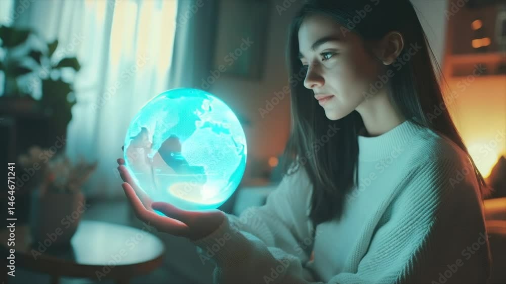 Woman holding a glowing Earth globe. A thoughtful young woman is seated in a dimly lit room, gently holding a translucent globe of the Earth which glows with an ethereal blue light Woman holding a glowing Earth globe. A thoughtful young woman is seated in a dimly lit room, gently holding a translucent globe of the Earth which glows with an ethereal blue light