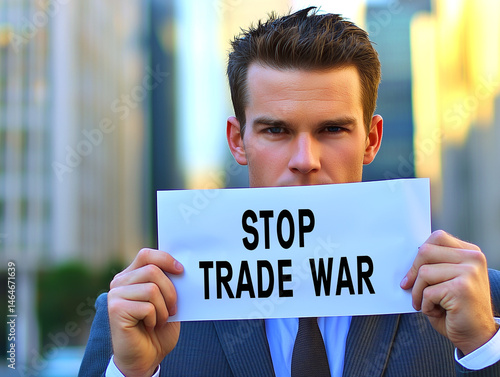 Businessman holding protest sign advocating against trade war policy