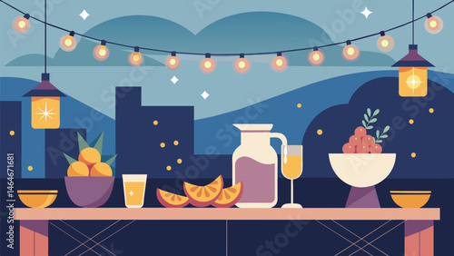 A chic rooftop bar adorned with fairy lights serving fruity mimosa pitchers and delicious bitesized pastries.. Vector illustration