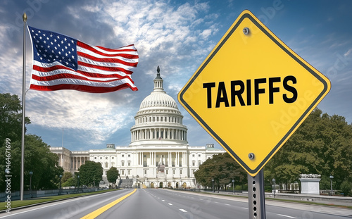 US Tariffs sign with State Capitol building and American flag in background