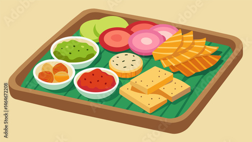 A colorful assortment of homemade crackers dips and trail mix neatly arranged on a large bamboo ting board.. Vector illustration