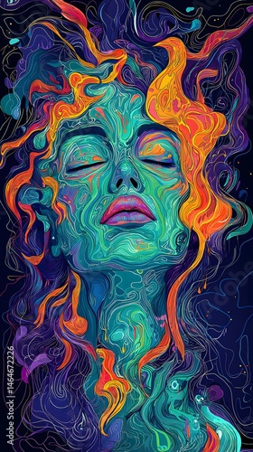 Abstract Female with Closed Eyes and Burning Hair in Psychedelic Surreal Vector Illustration Expressing Stress in Vibrant Colors