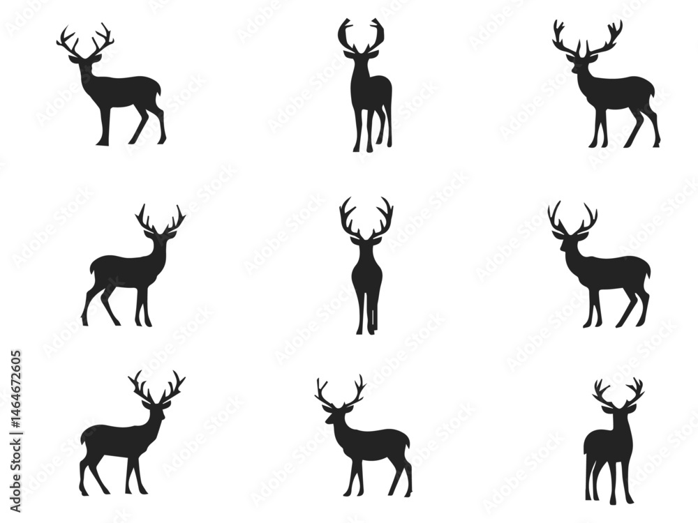 Fototapeta premium Black Silhouettes of Wild Deer – Male, Female, and Roe Deer Illustrations