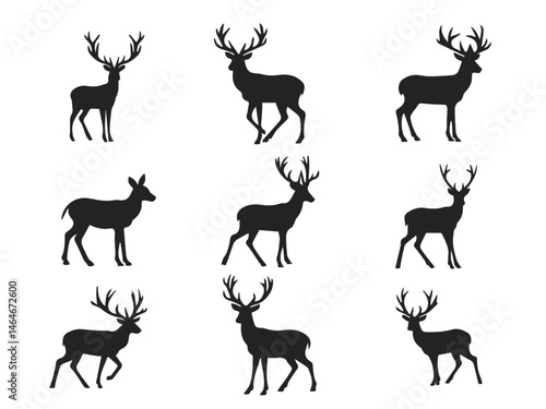 Black Silhouettes of Wild Deer – Male, Female, and Roe Deer Illustrations