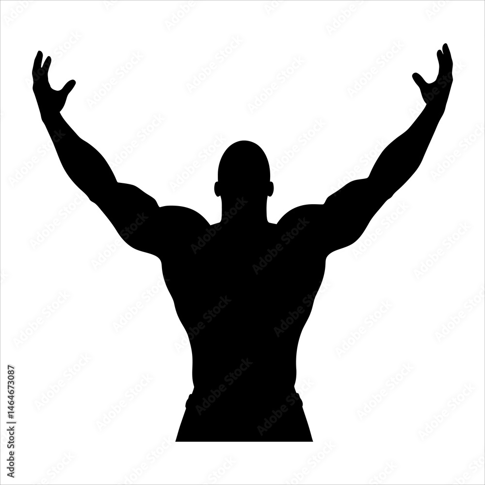 Silhouette of Muscular Man with Arms Raised in Victory Silhouette of Muscular Man with Arms Raised in Victory