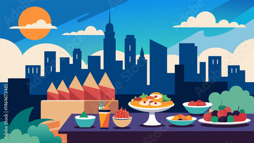 A classy rooftop gathering with a spread of Mediterraneaninspired small plates perfectly complementing the vibrant city skyline.. Vector illustration