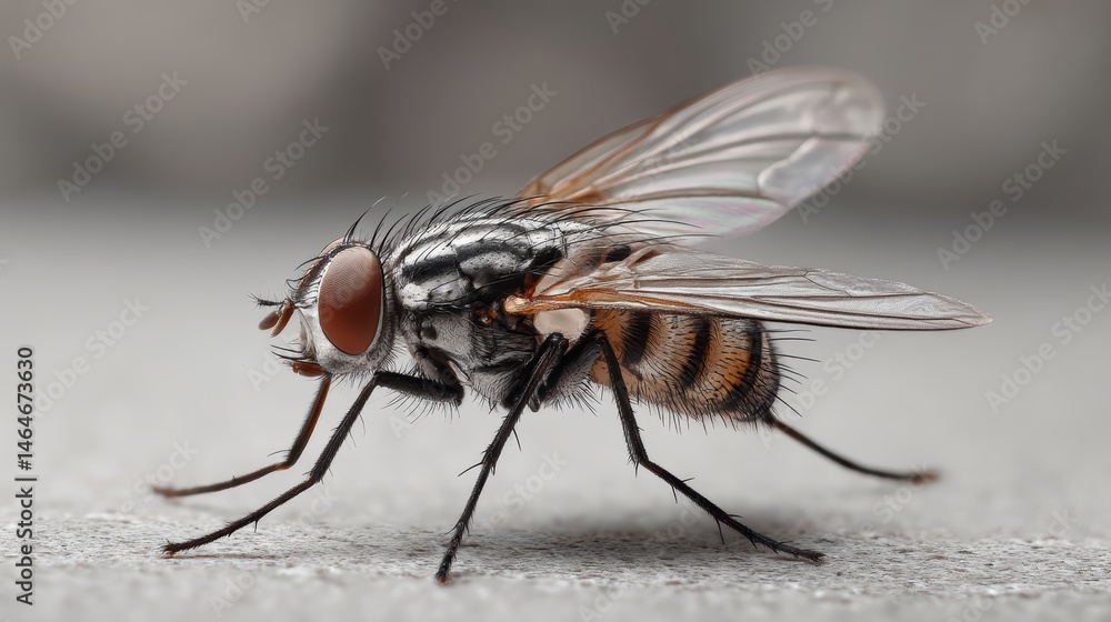 Close-up View of a Fly with Fine Details on Body, Wings, and Compound Eyes in Natural Setting Close-up View of a Fly with Fine Details on Body, Wings, and Compound Eyes in Natural Setting