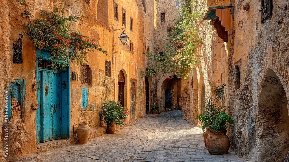 Fototapeta premium Fez Medina cobblestone alley, warm-toned sandstone stones shaped by centuries of foot traffic, inviting passage through a historic labyrinth of culture and tradition